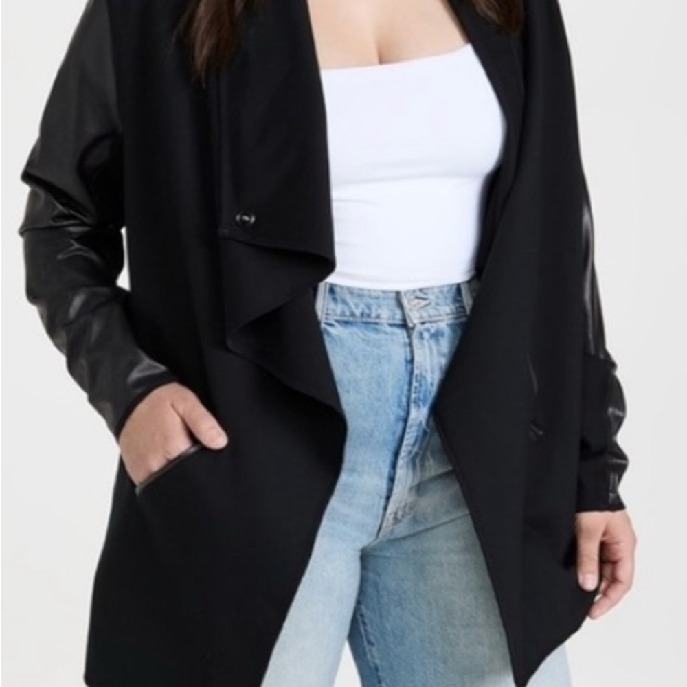 BLACK SPANX DRAPE FRONT CONVERTIBLE PONTE KNIT FAUX LEATHER JACKET $178